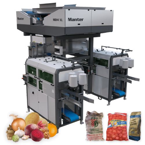 MD14-XL Weigher with 2 SemiPack+ packaging machines for potatoes, onions, garlic and more types of fruit and vegetables.