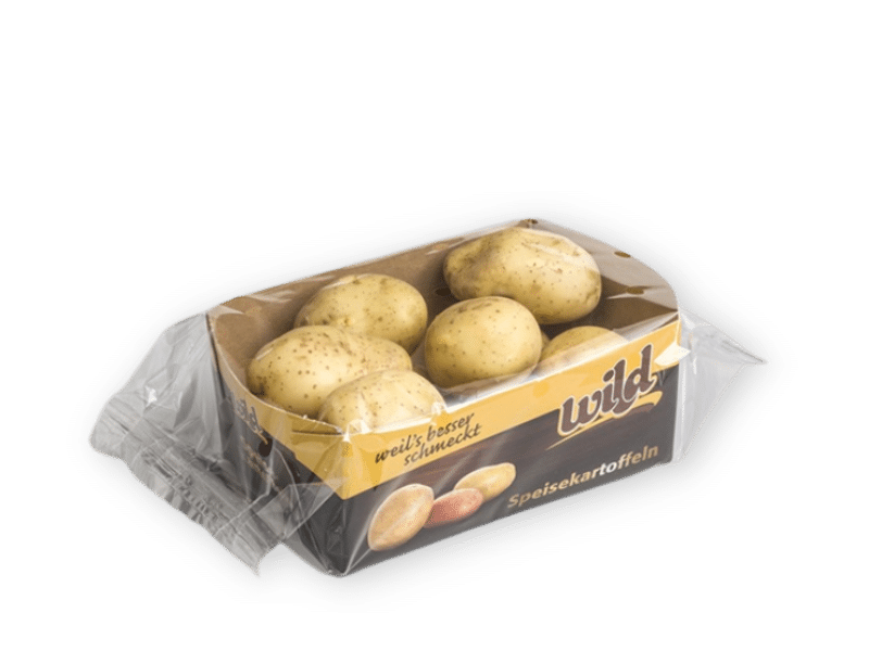 paper punnet wrapped with foil with potatoes